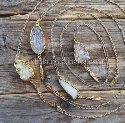 N15090406 Agate Druzy Jewelry 14k Gold Plated Chain Necklace Raw Druzy Stone Pendant Gold Filled Feather Charm Necklace