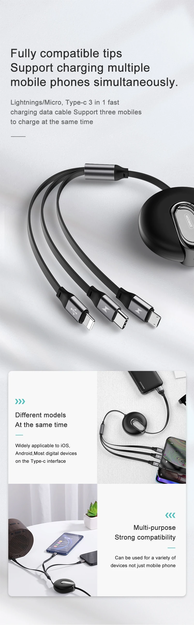 JOYROOM 3-in-1 charging original usb multi charger mobile data cable - ANKUX.COM