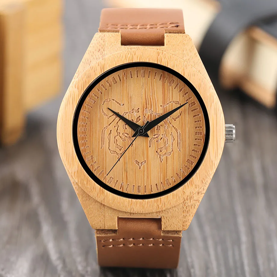 High Quality Men's Handmade Natural Wooden Watch Tiger Pattern Brown Genuine Leather Strap Quartz Wristwatch Male Sports (7)
