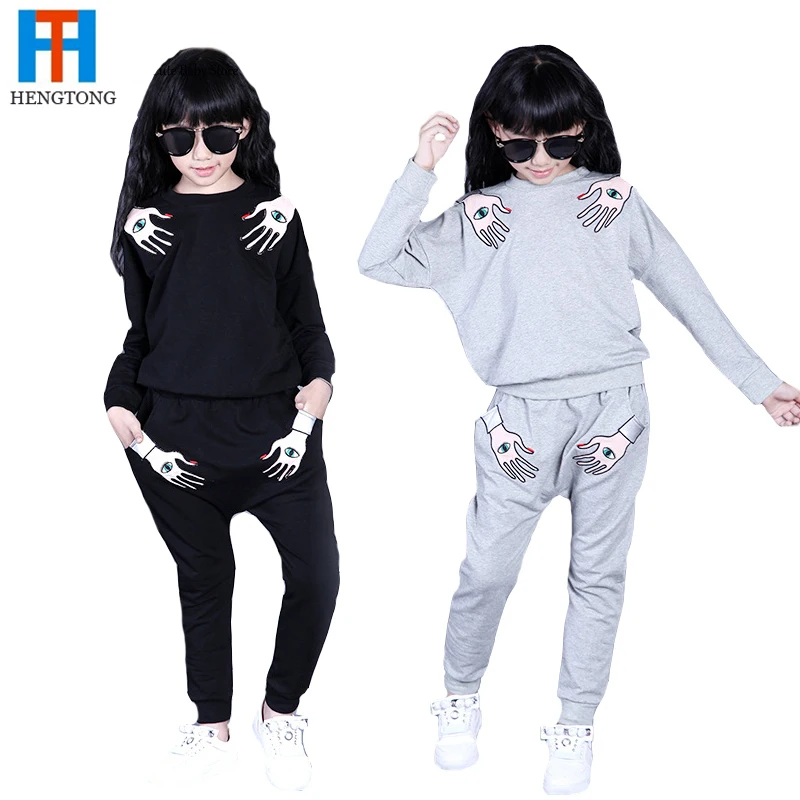2015 Hands Print Girls' Clothing Set Spring Autumn New Kids Sports Suit Long Sleeve Top & Harem Pants Sets