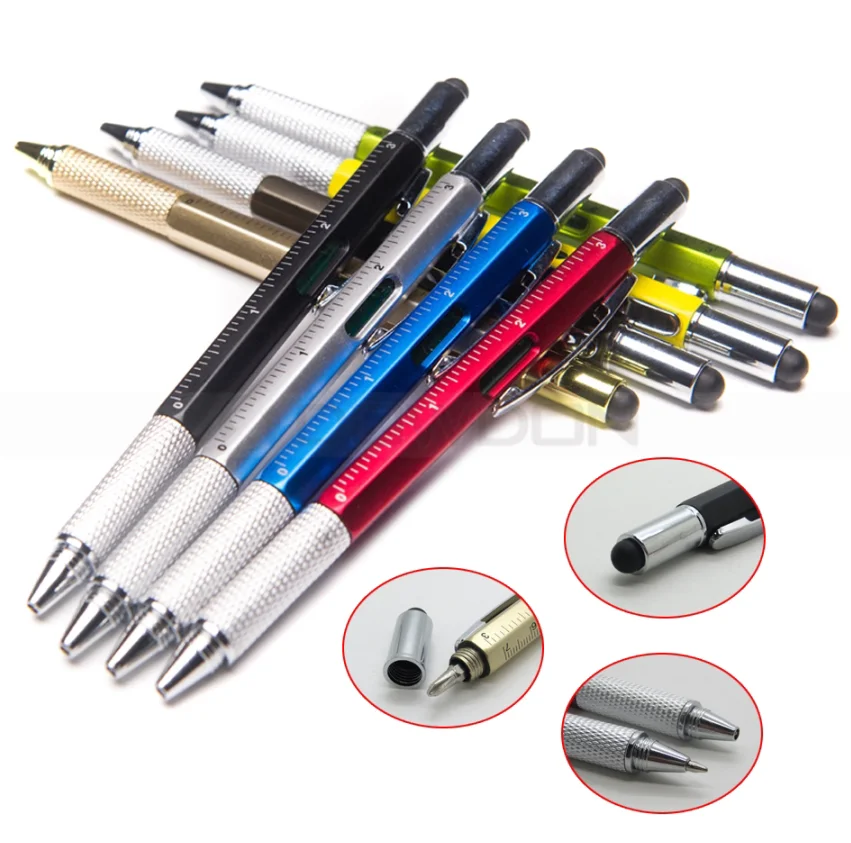 Multi-function Stylus Pen Tool 6 in 1 Pen Multitool Ballpoint Pen Stylus Ruler Screwdriver Level Gauge
