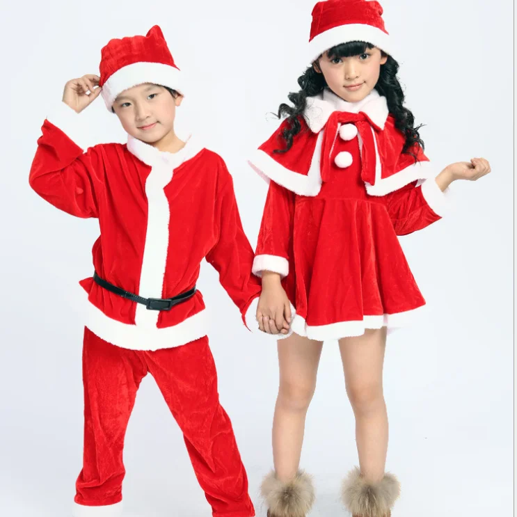 סיטונאי בנים בנות סטי בגדי חג המולד סנטה קלאוס חליפת צמרות + מכנסיים + כובע + שפם + חגורת 5 יחידות