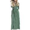 Fashion Style Army Green Round Neck Long Sleeve Stripe Maxi Dress