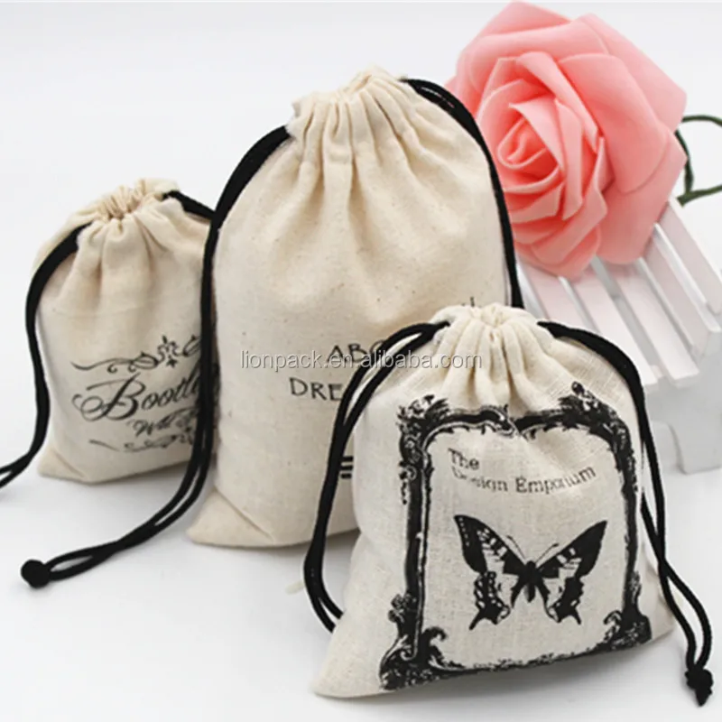 custom logo printed natural muslin cotton drawstring bag for