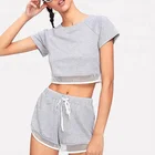 Cool Light Grey Mesh Trim Short Knit Women Two Piece Set Sports Summer Blank Tracksuits