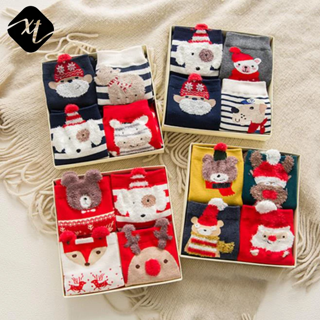 

pack sale merry Xmas christmas cotton Santa claus feather yarn reindeer colourful pattern gift women ladies girls socks