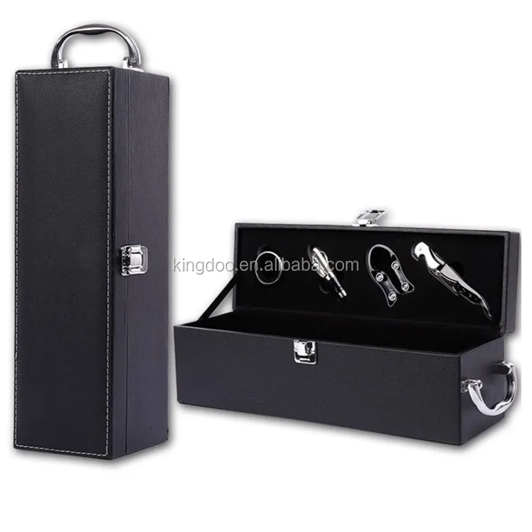 Top Handle Black Leatherette Wine Carrier Box with 4 Piece Wine Accessory Set