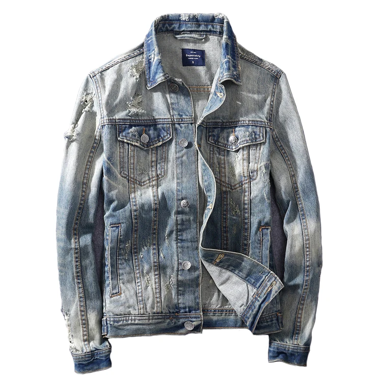 

Hot Seller Men's Shredded Distressed Ripped Acid Washed Fashion Slim Denim Jacket Activewear Jacket