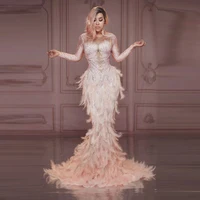 

Sparkly Rhinestones Pink Feather Nude Dress Sexy Full Stones Long Big Tail Dress Costume Prom Birthday Celebrate Dresses