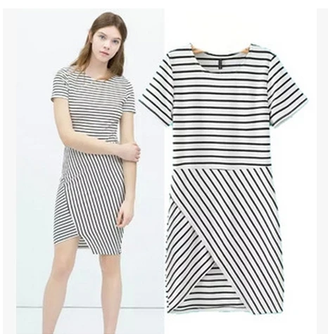 2015 spring and summer new European style women's dress irregular stripes Ms. Slim package hip skirt short skirt