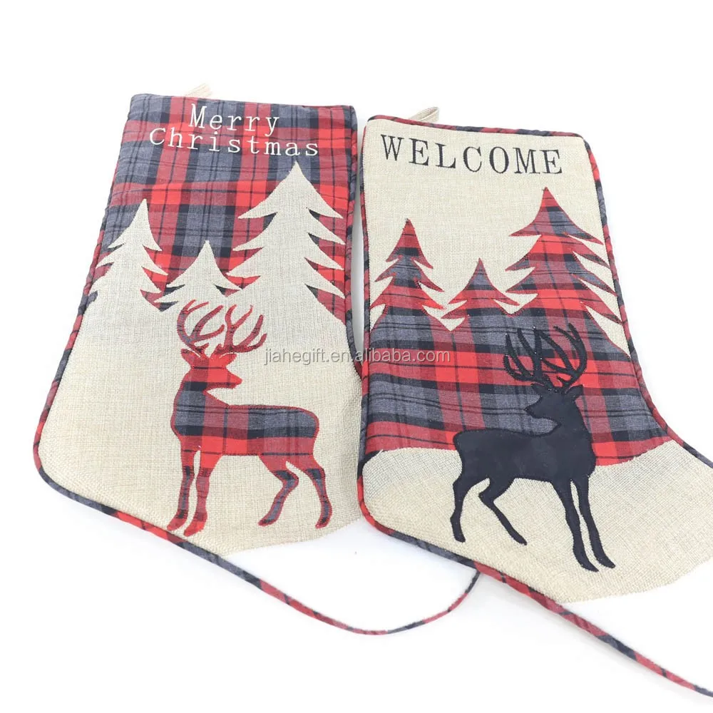 wholesale embroidered reindeer polyester christmas stocking