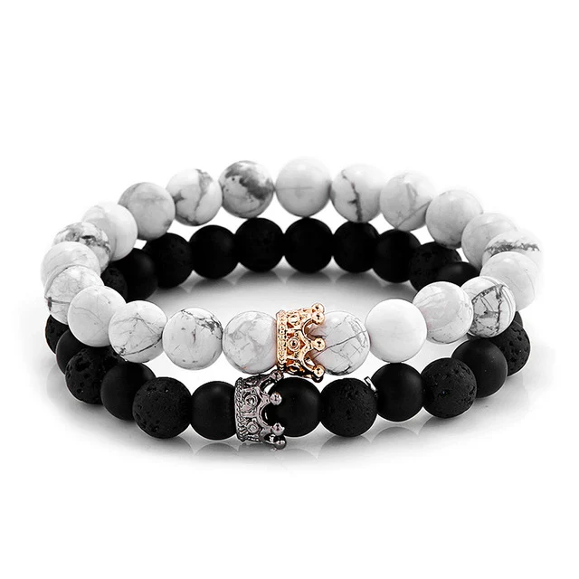 

Trendy Black Lava White Turquoise Stone Beads with Gold Silver Color Alloy Crown Bracelet For Women NS180886, Picture