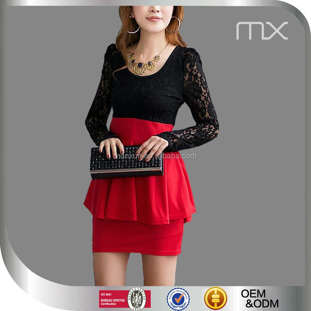 جديد أزياء من الدانتل فستان الحفلات الأسود والأحمر فستان فتاة التباين الصين بالجملة رخيصة