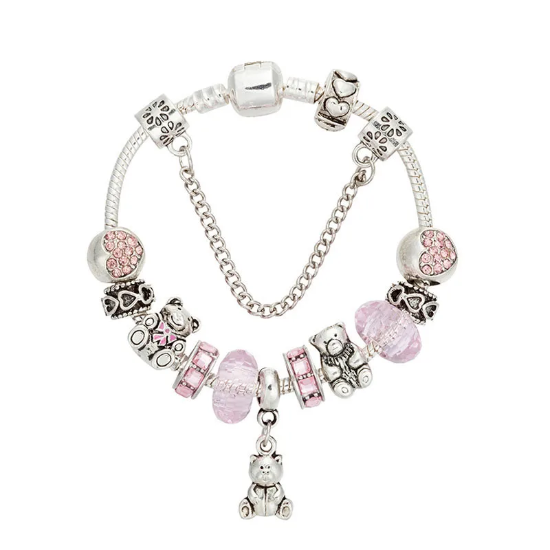 Pink Heart Glass Beads Bracelet Animal Bear Silver Charm Bracelet with Safety Chain for Valentine's Day Gift
Pink Heart Glass Beads Bracelet Animal Bear Silver Charm Bracelet with Safety Chain for Valentine's Day Gift
