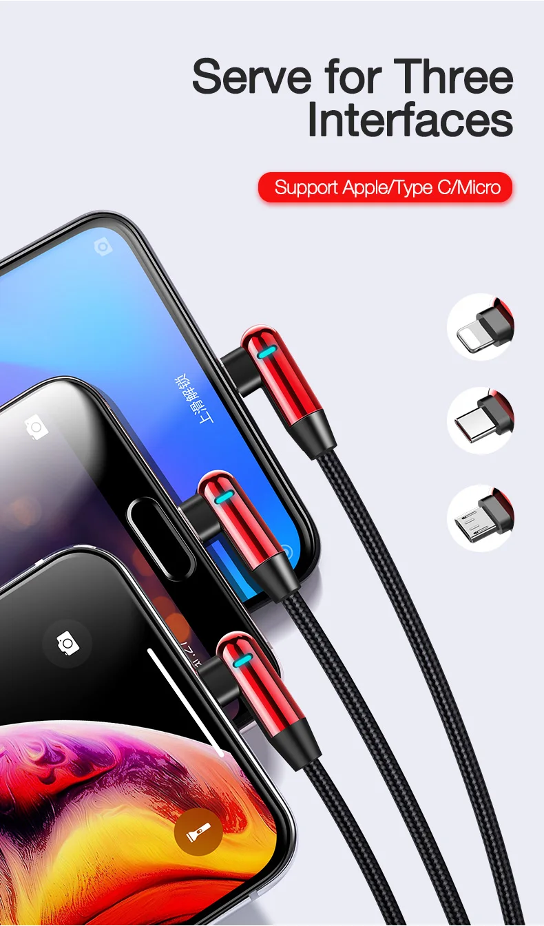 Cable Charger Fast Charging 90 Degree Shape With LED Light 3 in 1 Usb Cable For Iphone - ANKUX.COM