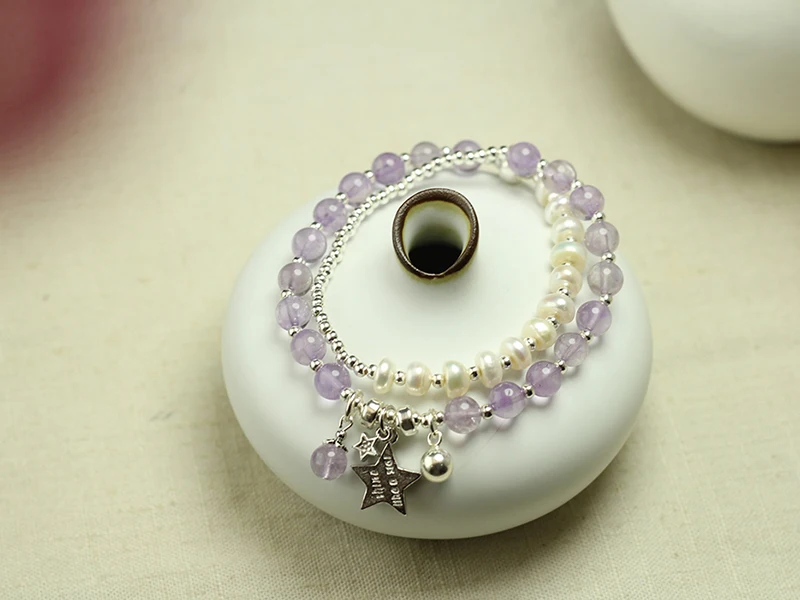 Sinya Girls Natural pearls Amethyst Bracelet in 925 sterling silver elastic bangles for Lover women ladies Mum best gift 2018  (10)
