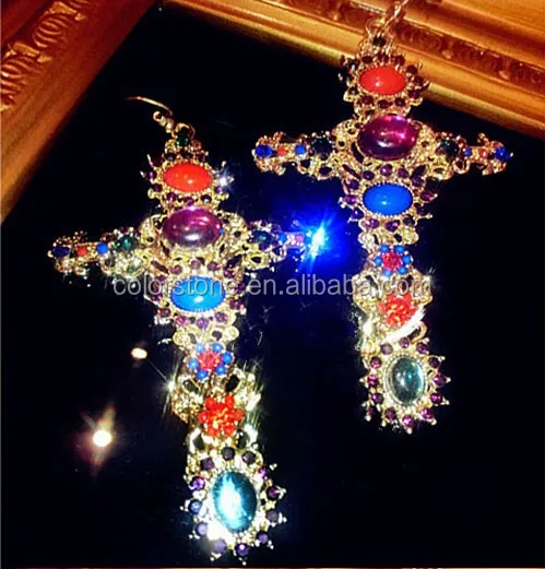 New 2014 Sexy royal baroque colorful imitation gemstone cutout gothic cross exaggerated dangle earrings brand jewelry items