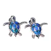 Australia Blue/Green Fire Opal Sea Turtle Stud Earrings 925 Sterling Silver/Brass Birthstone Jewelry Gift