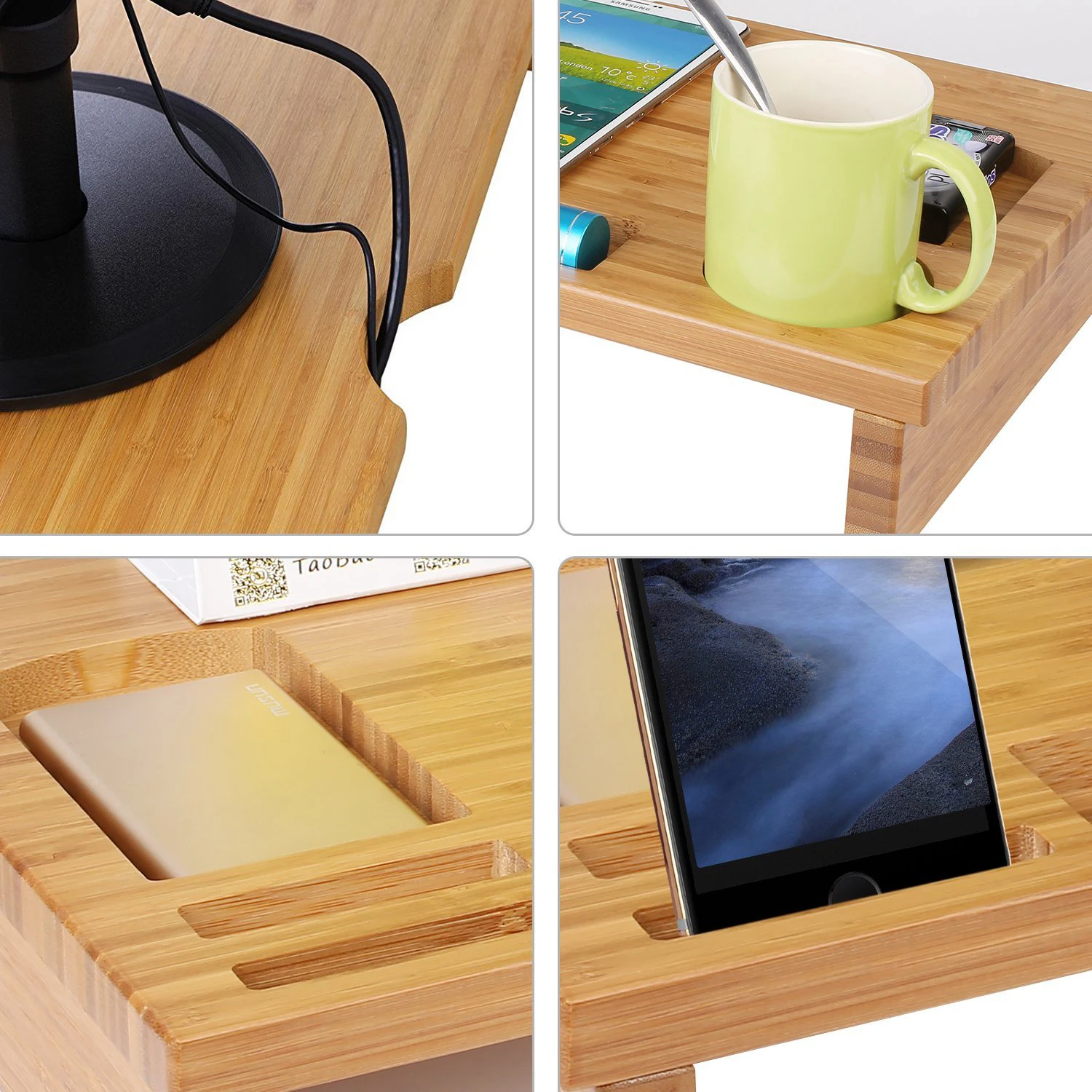 Bamboo Monitor Stand Riser With Storage Organizer Laptop Cellphone Tv