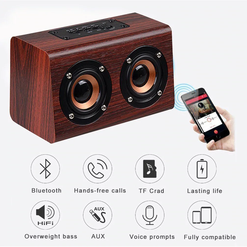 Wood Bluetooth Speaker W7 Retro HIFI 3D Dual Loudspeakers Bluetooth Wireless Speaker with Hands-free Sound Box TF AUX IN - ANKUX.COM