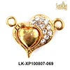 super quality jewelry findings heart shape 14k gold plated brass metal rhinestone magnetic lock clasp with loop for leather cord