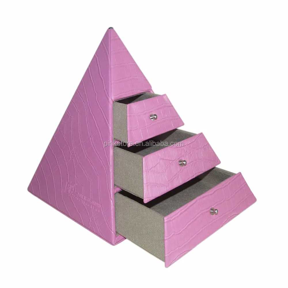 Handmade Pyramid Shaped Pink Leather 3 Drawer Desktop Organizer