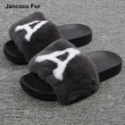 2018 New Rabbit FurSlippers Black Color With White Letters Fur Slide