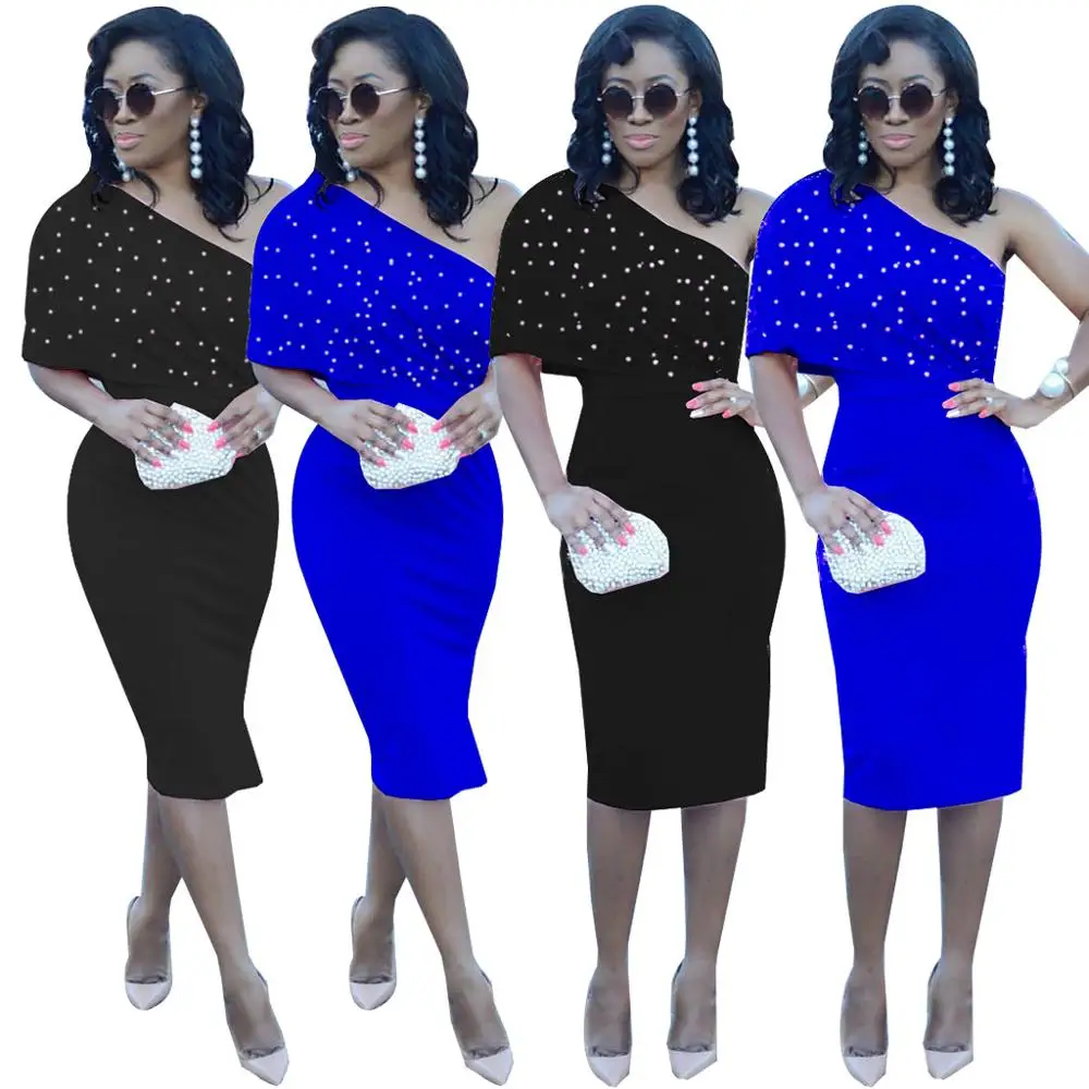 Oblique shoulder design ornament beading slim package hip midi women elegant dresses 3499
Oblique shoulder design ornament beading slim package hip midi women elegant dresses 3499