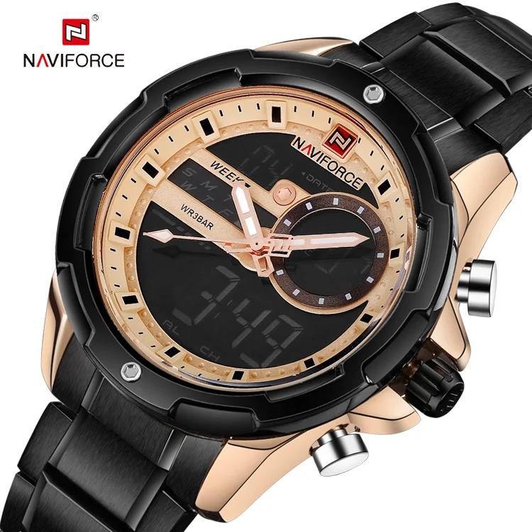 

Naviforce 9120 japan movt quartz brand stainless steel watch Double Display mens Waterproof Wrist watches, Rose gold;red;blue;gray