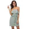 European ladies style neutral Jane temperament solid color cotton and linen lotus leaf wrapped chest sexy dress
