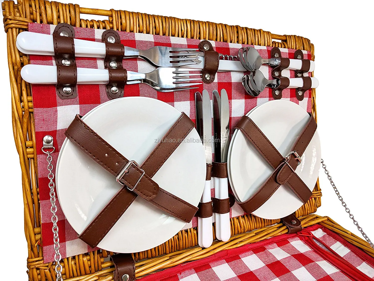 insulated 4 person wicker hamper - premium set with plates, wine