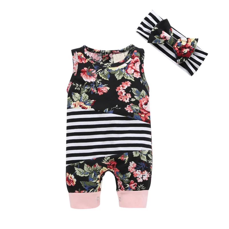 

Cute Infant Baby Toddler Kids Girl Romper Playsuit Outfit Clothes Sleeveless Floral Bebes Rompers with Headband, As pictures