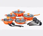Top selling 16Pcs Orange Aluminum cooking wok and pots Easy cleaning home kitchenware set with 6pcs nylon tools