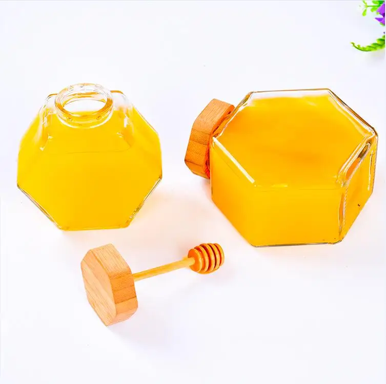 100ml 180ml 280ml 360ml 500ml hexagonal honey glass jar with wooden cap and stick