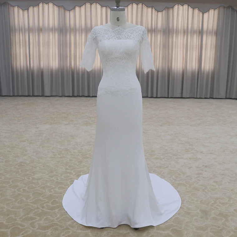 Dearta Womens A-Line High Neck Court Train Lace Wedding Dresses 