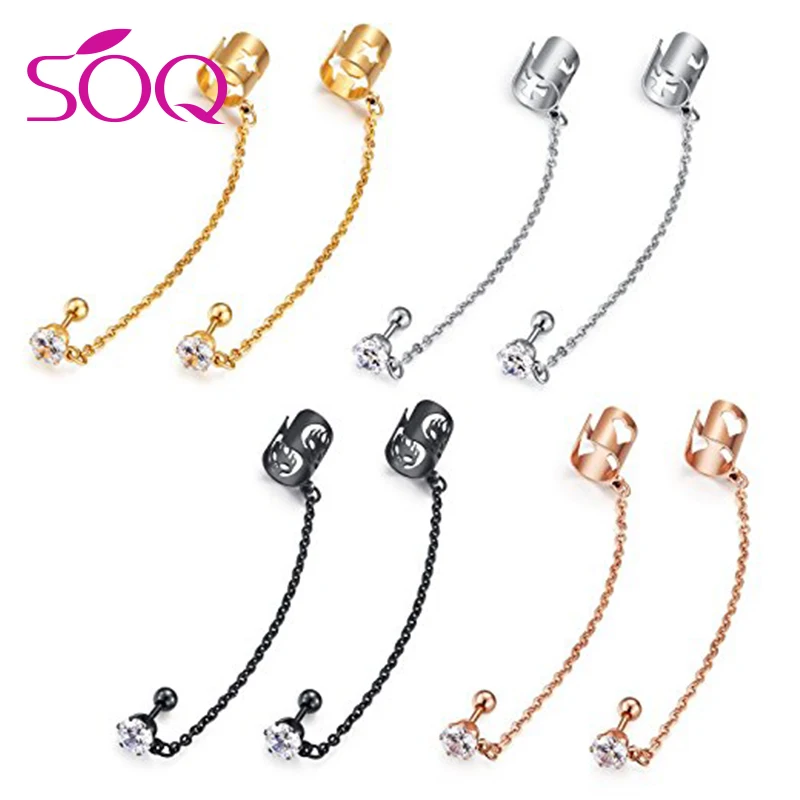 Stainless Steel Ear Cuff Chain Linked Earring Cubic Zirconia Stud Clip Earrings Clip On Earrings