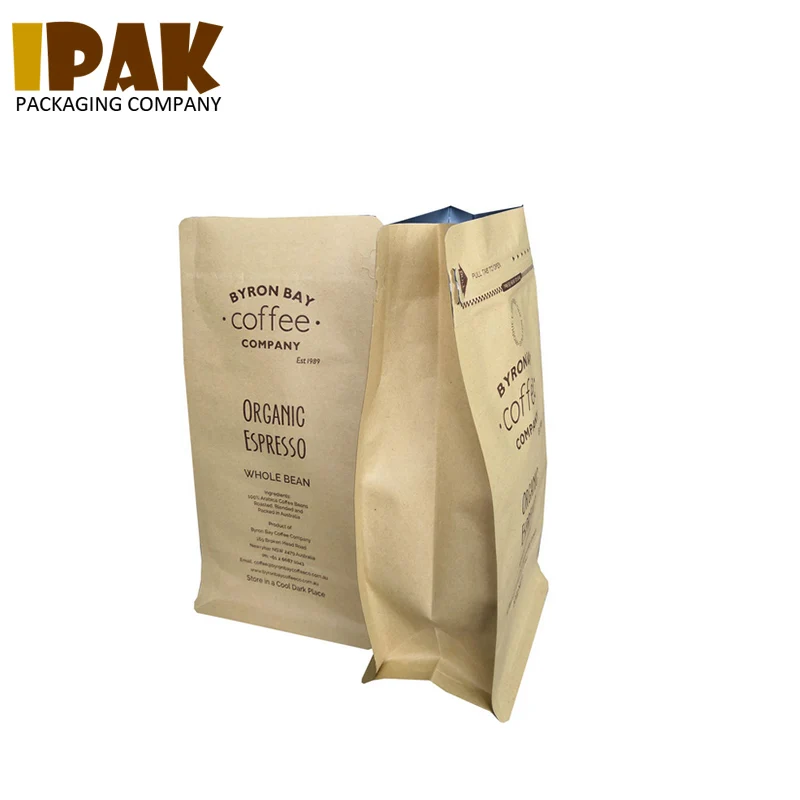 12oz Flat Bottom Kraft Paper Zip Lock Aluminium Foil Coffee Bag With