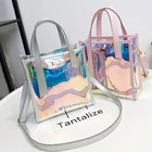 Elegant high quality large capacity transparent iridescent laser PVC PU leather beach tote bag with shoulder strap