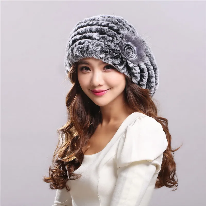 Winter Hat  Women's Genuine Rex Rabbit Fur Hats Beanies Warm Casual Female Knitted Natural Fur Hat Caps  (24)