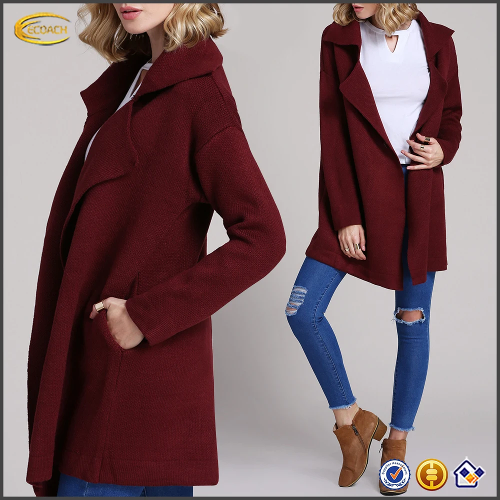Ecoach new latest design autumn winter long sleeve wine lapel collar European American style women casual outwear fashion coat
