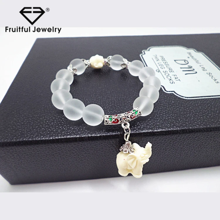 Clear natural stone elephant pendant silver beaded bracelets bangles