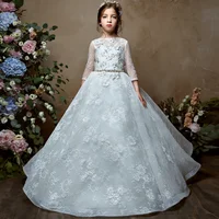 

ZH2611Q illusion lace half sleeve O-neck Flower Girl dresses button back with big bow 3D Butterfly Appliques Formal Pageant prom