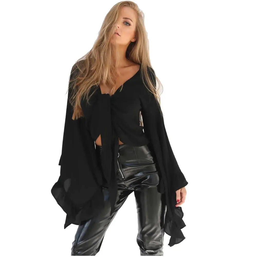 wholesale flared sleeves tie front sexy crop tops