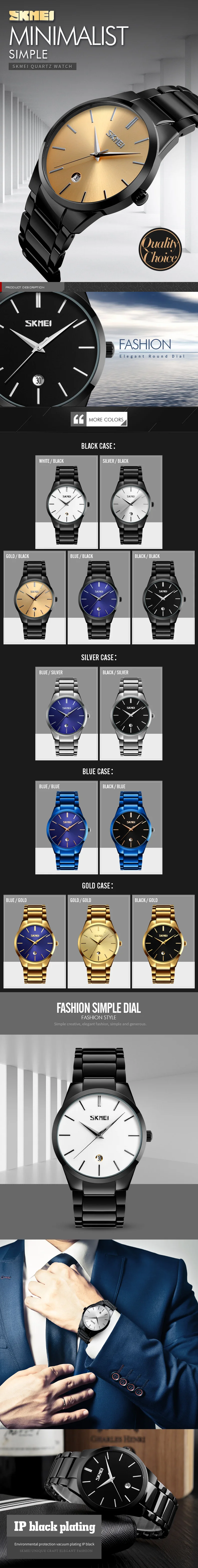 SKMEI 9140 Mens Gold Watches Fashion Luxury 3Bar Waterproof Calendar Watch Stainless Steel Quartz Analog Wristwatches