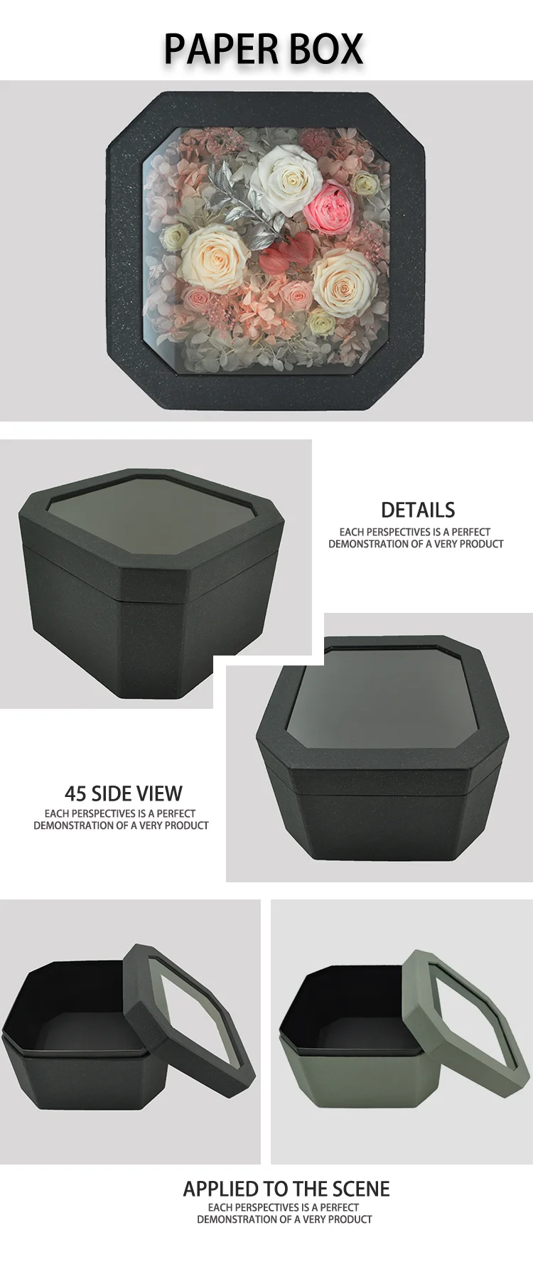 luxury grey square preserved flower paper box with window