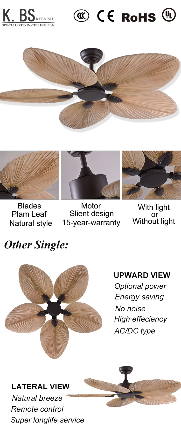 hot sale natural style palm leaf fan low energy remote control