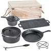 High Quality Outdoor Camping Cooking Set 7 pieces Heavy Duty Cast Iron Camping Cookware With Vintage Carrying Storage Box