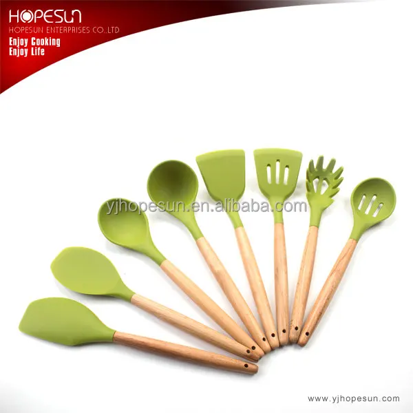 Hot sell silicone kitchen utensil set with wooden handle