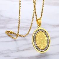 

Catholic jewelry Guadalupe virgin Mary deep engraved gold plated stainless steel rhinestone necklace for sale