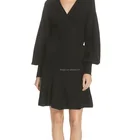 Extended cuff sleeve surplice neck black wool felt dress women